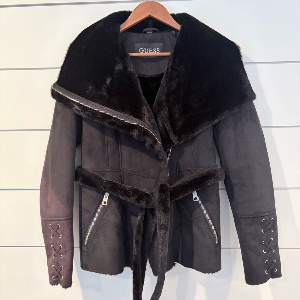 GUESS Faux Fur Belted Moto Jacket Black Y2K Glam Gothic Lace Mobwife M Upcycle